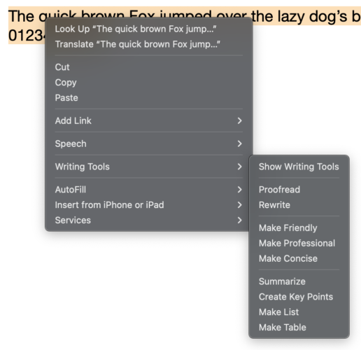 Apple Intelligence Writing Tools Drop Down Menu.